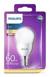 LED bulb ball, 7W = 60W, E14, 806 lm, 2700K warm color, Philips