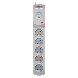 Power strip with fuse and surge protector professional, 5 outlets, 2 USB ports, length 3m, 10A, 230V, 2300W, grey